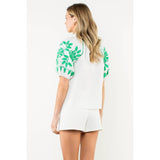 Embroidered Smocked Neck Puff Top