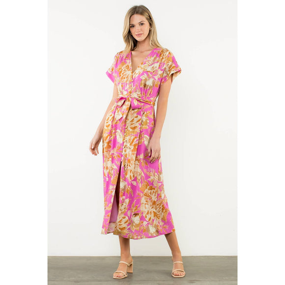 Belted V-Neck Floral Button Dress