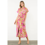 Belted V-Neck Floral Button Dress