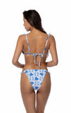 Blue & White Heart Patchwork Ruffle Trim Bikini Set