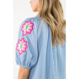 Embroidered Puff Sleeve Stripe Top