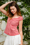 Gingham Off Shoulder Ruffle Cap Sleeve Top- Red