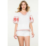 Embroidered Puff Sleeve Top- Red/White