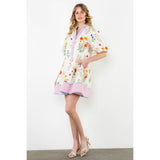 Puff Sleeve Striped Trim Floral Dress