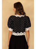 Black Polka Dot Lace Trim Cropped Blouse