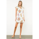 Floral Flutter Sleeve Dress w Pom Trim