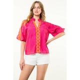 Embroidered Half Sleeve Textured Top- Magenta
