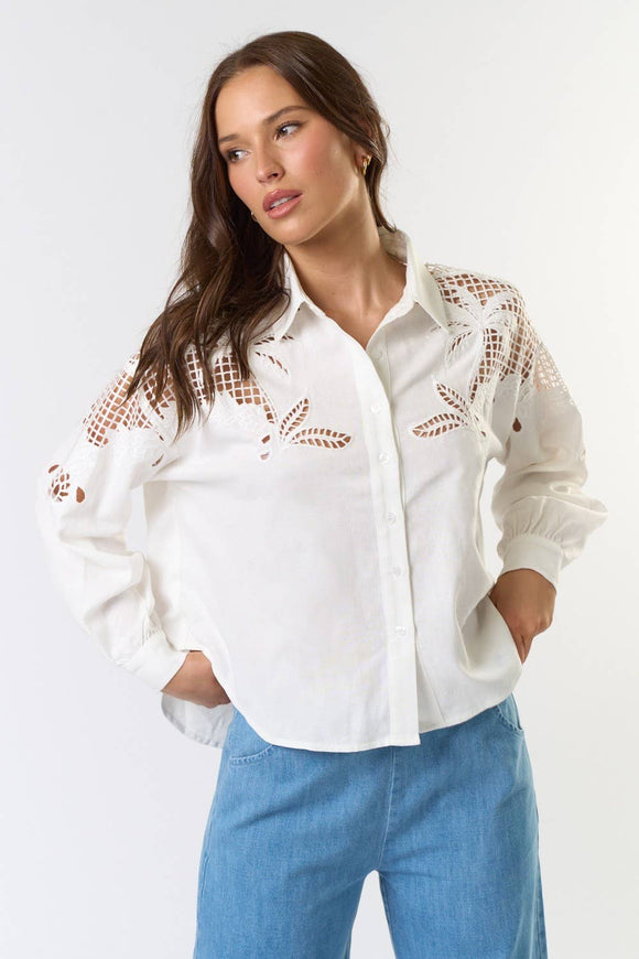 Embroidered Cut Out Button Down Shirt -White
