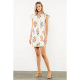 Floral Flutter Sleeve Dress w Pom Trim