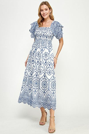 Eyelet Smocked Dress w Embroidery Detail Too Sparrows Eyelet Smocked Dress w Embroidery Detail Too Sparrows
