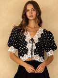 Black Polka Dot Lace Trim Cropped Blouse