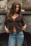 Crochet Scalloped V-Neckline Cardigan- Brown