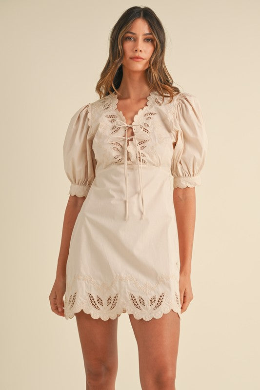 Embroidered Puff Sleeve Double Tie Dress