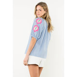 Embroidered Puff Sleeve Stripe Top