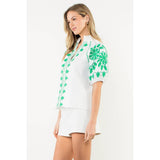Embroidered Smocked Neck Puff Top