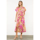 Belted V-Neck Floral Button Dress