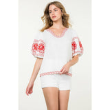 Embroidered Puff Sleeve Top- Red/White