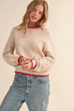 Puff Sleeve Sweater w Contrast Stitching- Almond Red