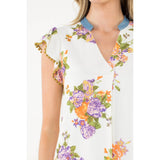 Floral Flutter Sleeve Dress w Pom Trim