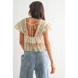 Lace Trimmed Ruffle Blouse- Sand