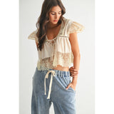 Lace Trimmed Ruffle Blouse- Sand