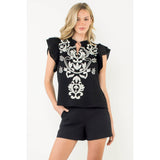 Flutter Sleeve Embroidered Textured Top