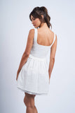 WHITE EYELET SMOCKED TORSO LAYERED LACE MINI DRESS