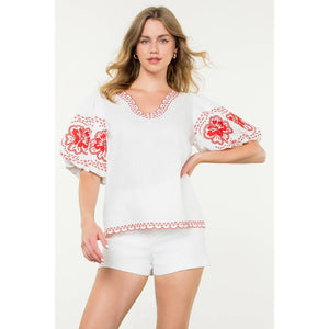 Embroidered Puff Sleeve Top- Red/White