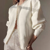 Embellished Cropped Pearl Trimmed Knit Cardigan