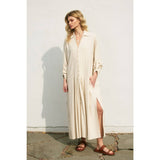 Cotton Linen Pleated Longline Shirt Dress