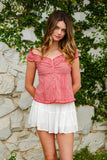 Gingham Off Shoulder Ruffle Cap Sleeve Top- Red