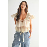 Lace Trimmed Ruffle Blouse- Sand