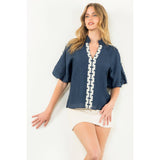Embroidered Half Sleeve Textured Top- Magenta