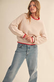Puff Sleeve Sweater w Contrast Stitching- Almond Red