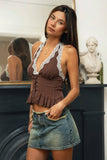 Polka Dot Lace Trim Halter Top- Brown