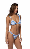 Blue & White Heart Patchwork Ruffle Trim Bikini Set