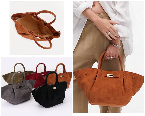 Gold Buckle Suede Tote Bag