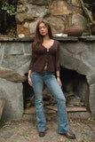 Crochet Scalloped V-Neckline Cardigan- Brown