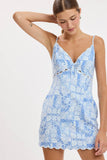 Blue Patchwork Pattern Scalloped Mini Dress