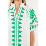 Embroidered Smocked Neck Puff Top