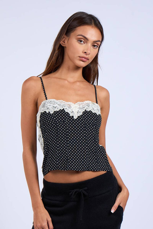 Floral Lace Point Polka Dot Cami Crop Top