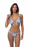 Blue & White Heart Patchwork Ruffle Trim Bikini Set