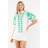 Embroidered Smocked Neck Puff Top