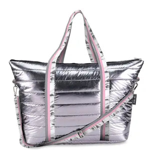 Gunmetal Puffer Tote White Marble Stripe Straps