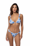 Blue & White Heart Patchwork Ruffle Trim Bikini Set