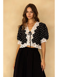 Black Polka Dot Lace Trim Cropped Blouse