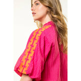 Embroidered Half Sleeve Textured Top- Magenta