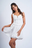 WHITE EYELET SMOCKED TORSO LAYERED LACE MINI DRESS