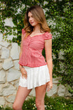Gingham Off Shoulder Ruffle Cap Sleeve Top- Red