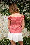 Gingham Off Shoulder Ruffle Cap Sleeve Top- Red